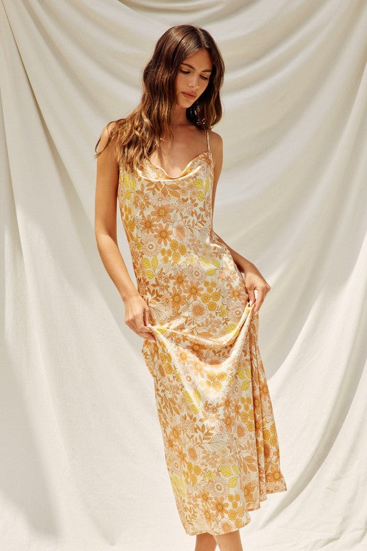 Kyla Satin Floral Cowl Neck Slip Midi Dress