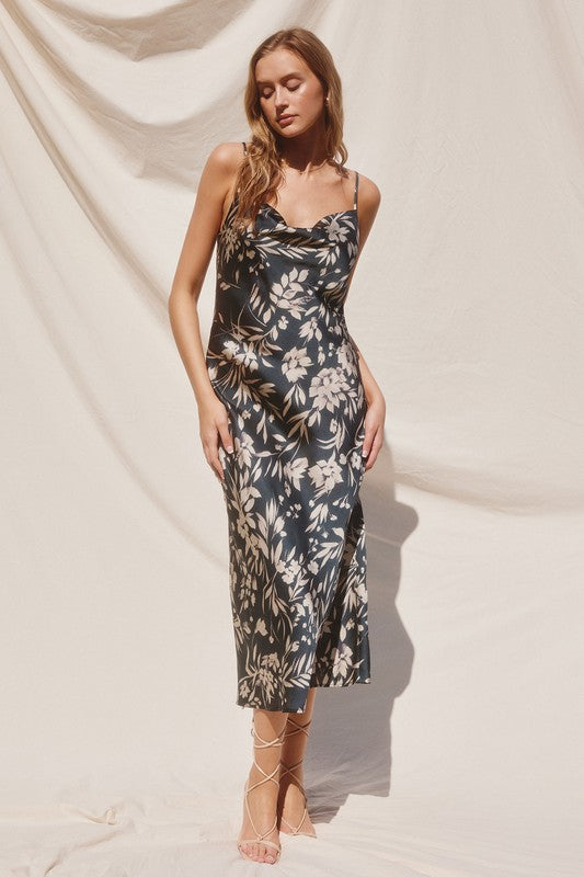 Rene Satin Floral Cowl Neck Slip Midi Dress