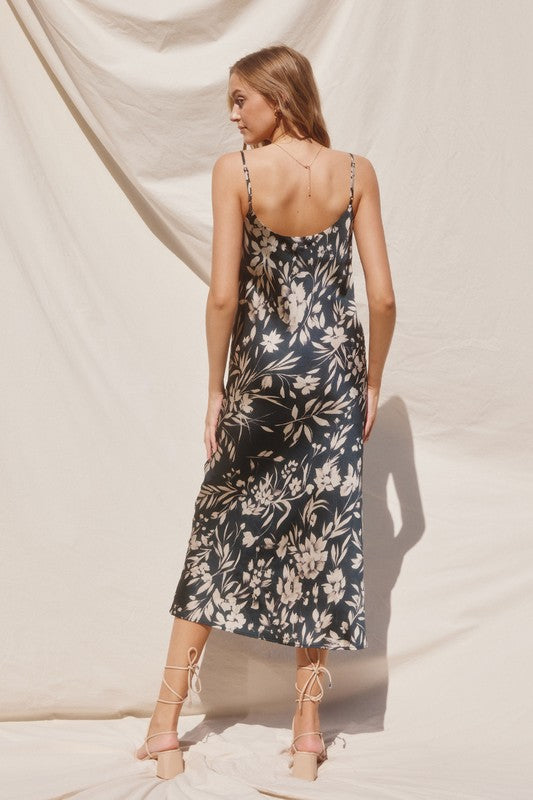 Rene Satin Floral Cowl Neck Slip Midi Dress