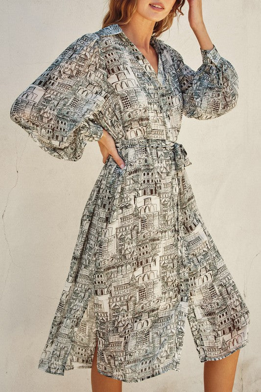 Jane Flowy Printed Button Down Midi Dress