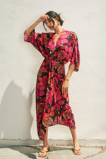 Sabrina Tropic Print V-Neck Ruched Midi Dress - Black/Berry