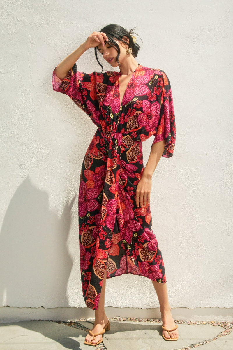 Sabrina Tropic Print V-Neck Ruched Midi Dress - Black/Berry