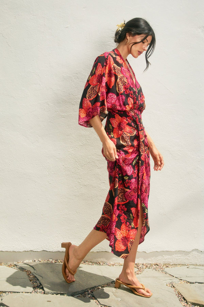 Sabrina Tropic Print V-Neck Ruched Midi Dress - Black/Berry