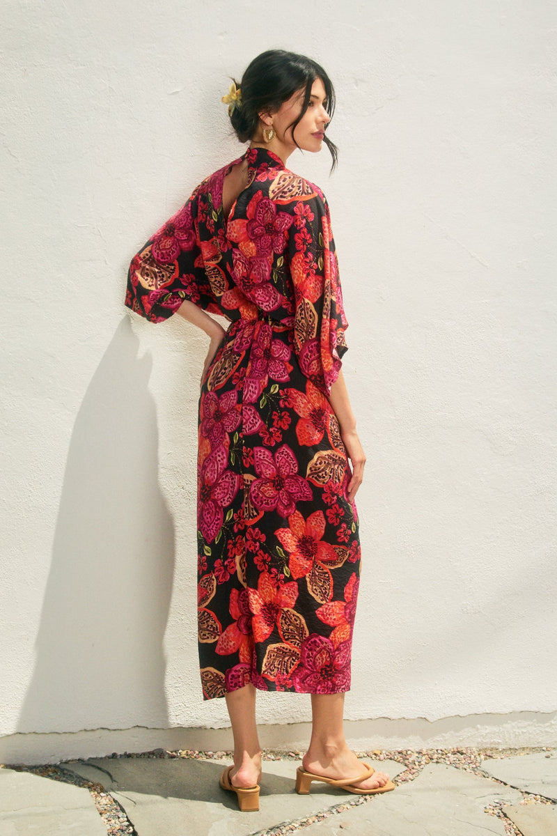 Sabrina Tropic Print V-Neck Ruched Midi Dress - Black/Berry