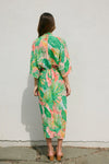 Sabrina Tropic Print V-Neck Ruched Midi Dress - Peach/Green
