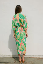 Sabrina Tropic Print V-Neck Ruched Midi Dress - Peach/Green