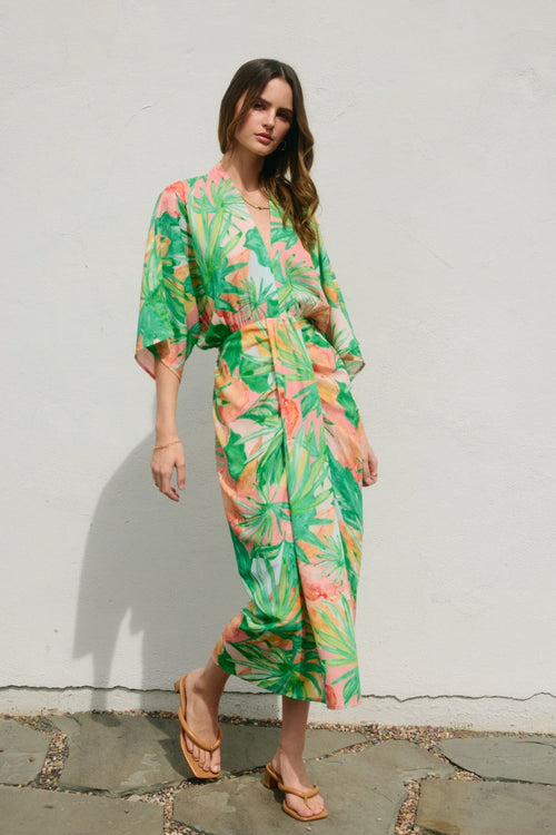 Sabrina Tropic Print V-Neck Ruched Midi Dress - Peach/Green