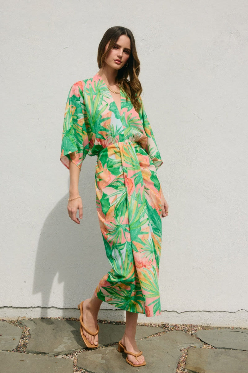 Sabrina Tropic Print V-Neck Ruched Midi Dress - Peach/Green