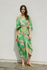 Sabrina Tropic Print V-Neck Ruched Midi Dress - Peach/Green