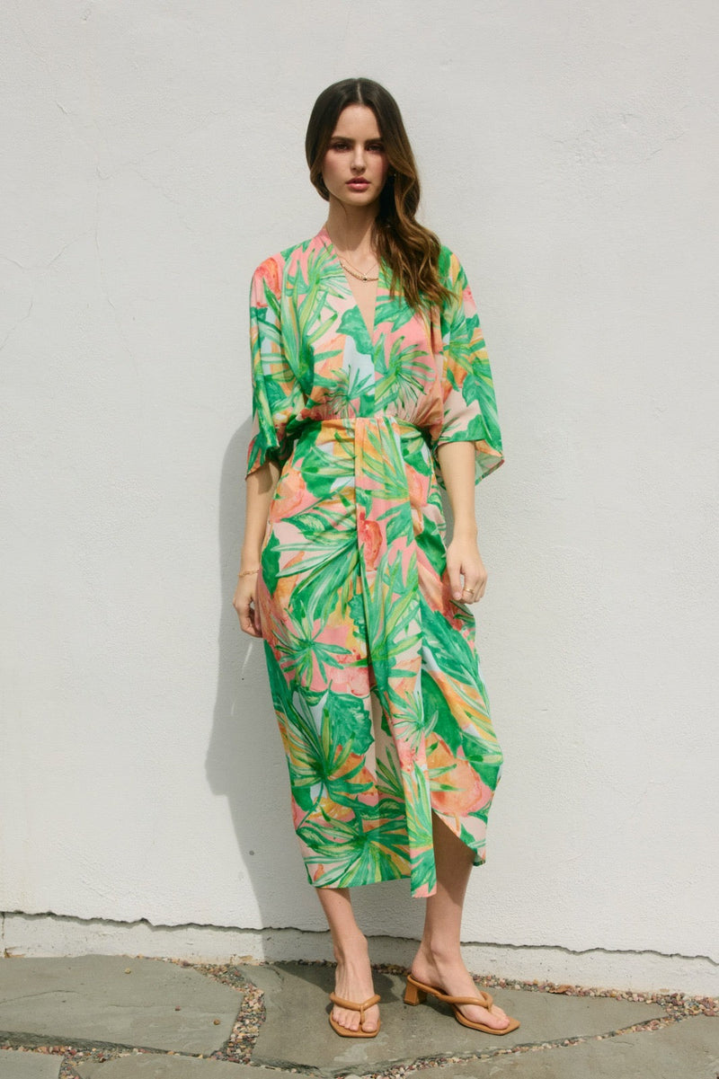 Sabrina Tropic Print V-Neck Ruched Midi Dress - Peach/Green