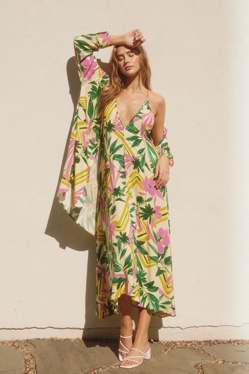 Luiza Plunging Halter Maxi Dress - Tropical/Multi