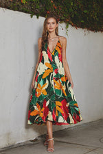 Luiza Satin Plunging Halter Maxi Dress - Floral Green