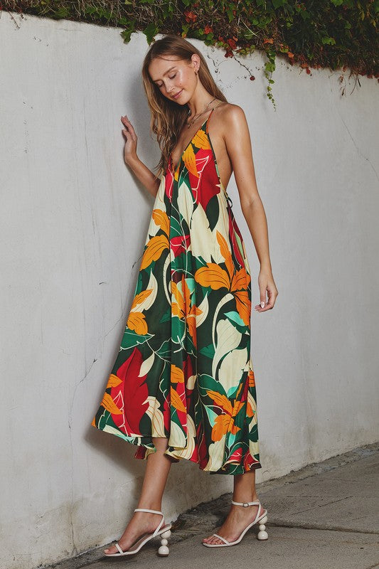 Luiza Satin Plunging Halter Maxi Dress - Floral Green