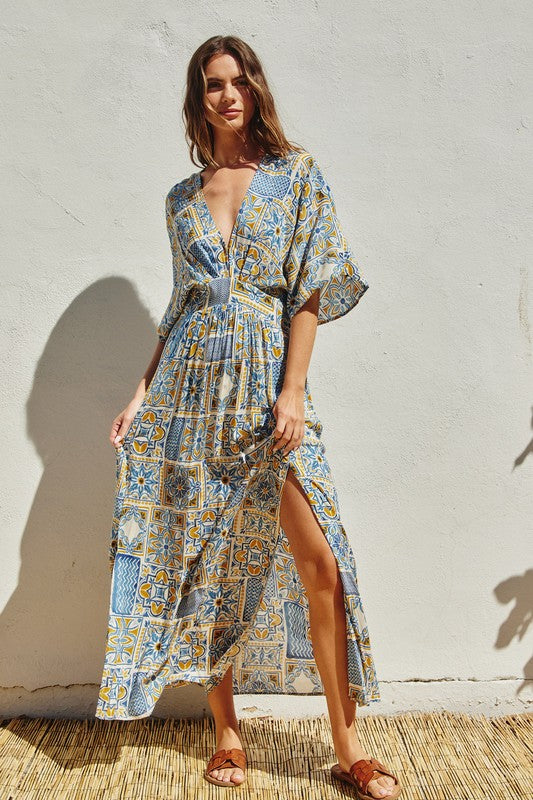 Micaela Kimono Sleeve Plunge V-Neck Maxi Dress