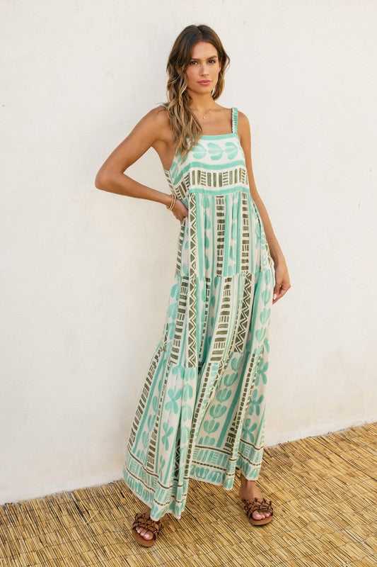 Roelle Print Tiered Babydoll Maxi Dress - Aqua
