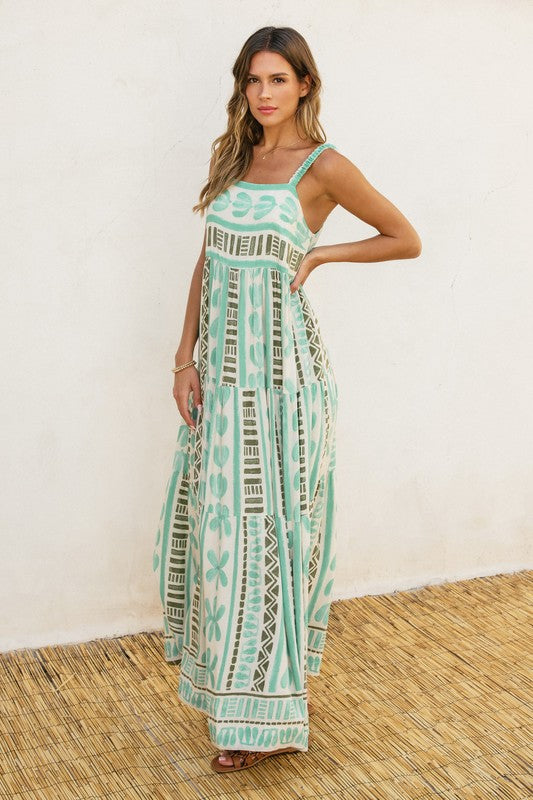 Roelle Print Tiered Babydoll Maxi Dress - Aqua