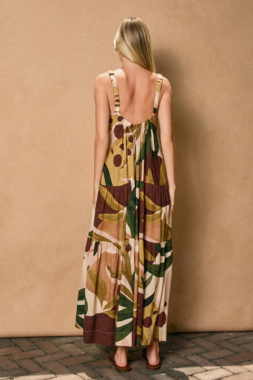 Roelle Leaf Print Tiered Maxi Dress - Brown/Green