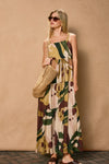 Roelle Leaf Print Tiered Maxi Dress - Brown/Green