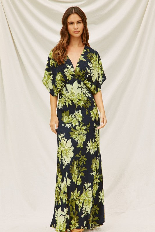 Amabelle Floral Kimono Sleeve Maxi Dress - Navy/Green Amabelle Floral Kimono Sleeve Maxi Dress - Navy/Green
