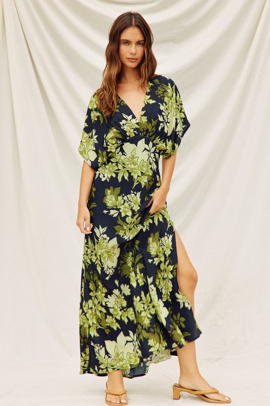 Amabelle Floral Kimono Sleeve Maxi Dress - Navy/Green