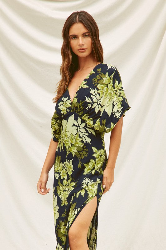 Amabelle Floral Kimono Sleeve Maxi Dress - Navy/Green