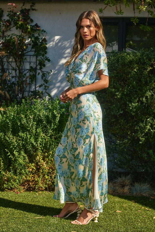 Amabelle Satin Kimono Sleeve Maxi Dress - Blue/Green Floral