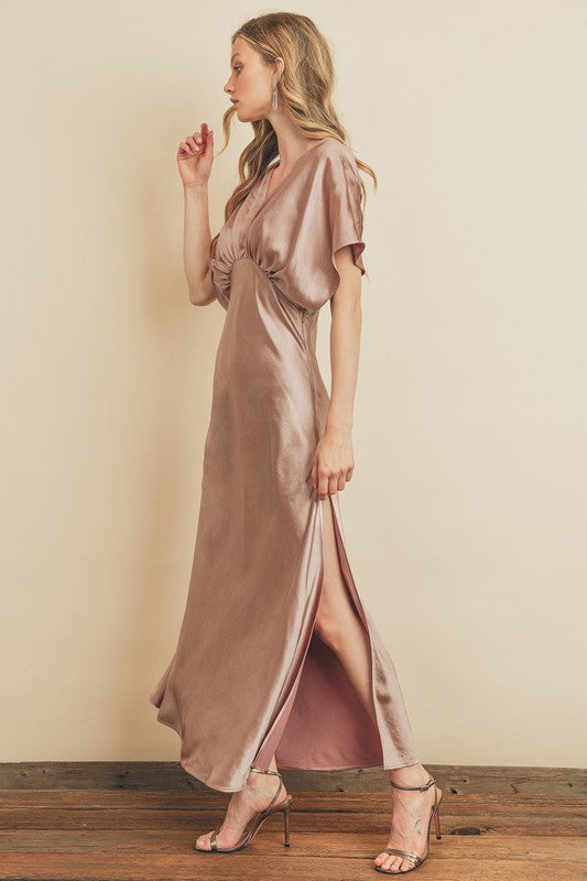 Amabelle Satin Kimono Sleeve Maxi Dress - Mauve