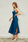 Zoe Satin Cowl Neck Side Slit Slip Maxi Dress - Teal