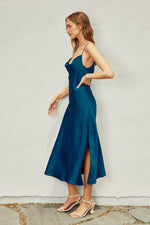 Zoe Satin Cowl Neck Side Slit Slip Maxi Dress - Teal