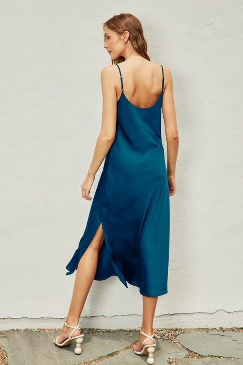 Zoe Satin Cowl Neck Side Slit Slip Maxi Dress - Teal