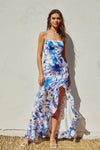 Cynthia Satin High Low Tie Back Maxi Dress - Blue Floral