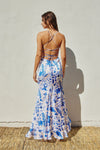 Cynthia Satin High Low Tie Back Maxi Dress - Blue Floral