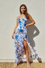 Cynthia Satin High Low Tie Back Maxi Dress - Blue Floral