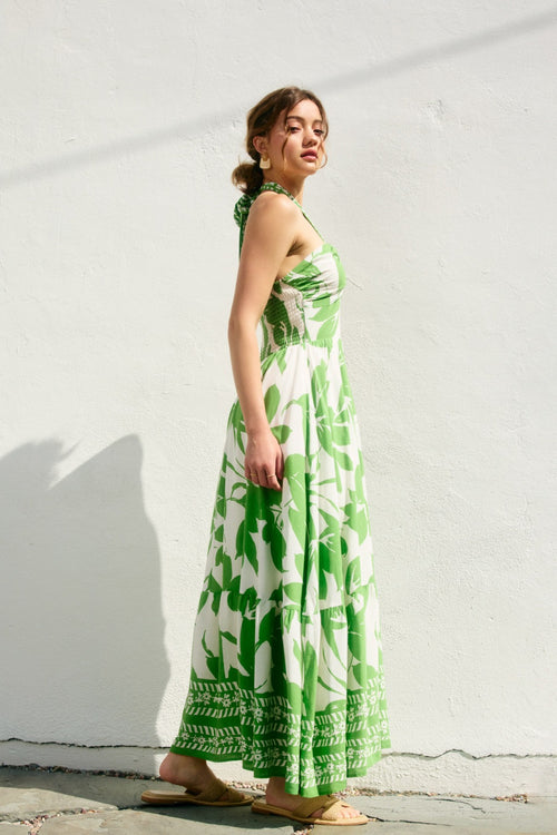 Abia Halter Floral Print Midi / Maxi Dress - Green Floral