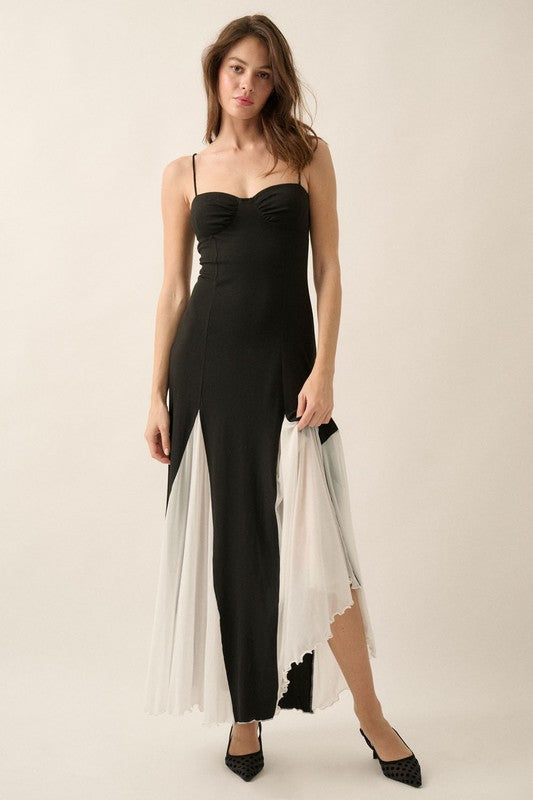Charleigh Sweetheart Knit & Mesh Contrast Maxi Dress