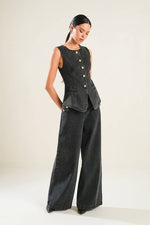 Liyah Denim Vest Top & Wide Pant Set - Black Denim