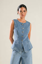 Liyah Denim Vest Top & Wide Pant Set - Blue Denim