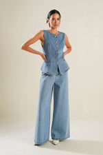 Liyah Denim Vest Top & Wide Pant Set - Blue Denim