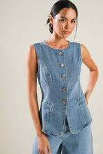 Liyah Denim Vest Top & Wide Pant Set - Blue Denim