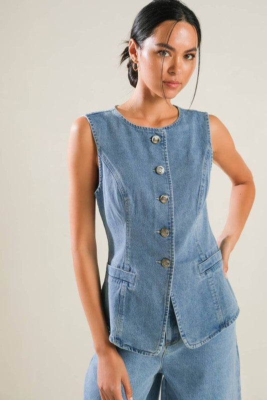 Liyah Denim Vest Top & Wide Pant Set - Blue Denim