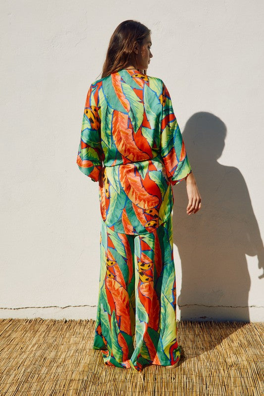 Drusilla Tropical Print Kimono & Wide Leg Pants Set - Green Tropical