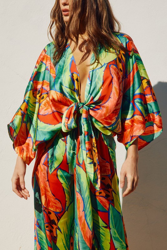 Drusilla Tropical Print Kimono & Wide Leg Pants Set - Green Tropical