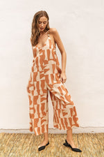 Mimi Geometric Print Tie Back Crop Jumpsuit - Natural/Camel