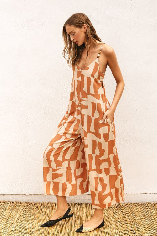 Mimi Geometric Print Tie Back Crop Jumpsuit - Natural/Camel