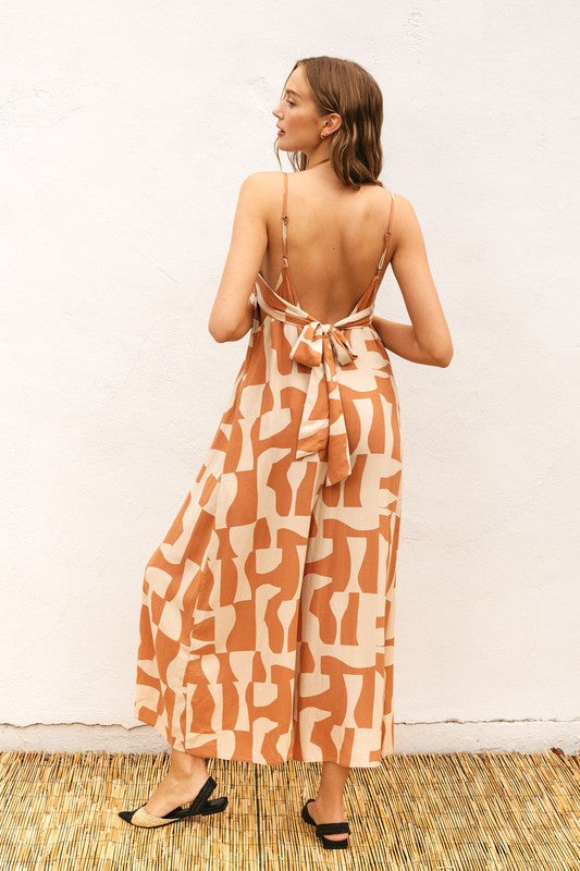 Mimi Geometric Print Tie Back Crop Jumpsuit - Natural/Camel