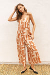 Mimi Geometric Print Tie Back Crop Jumpsuit - Natural/Camel