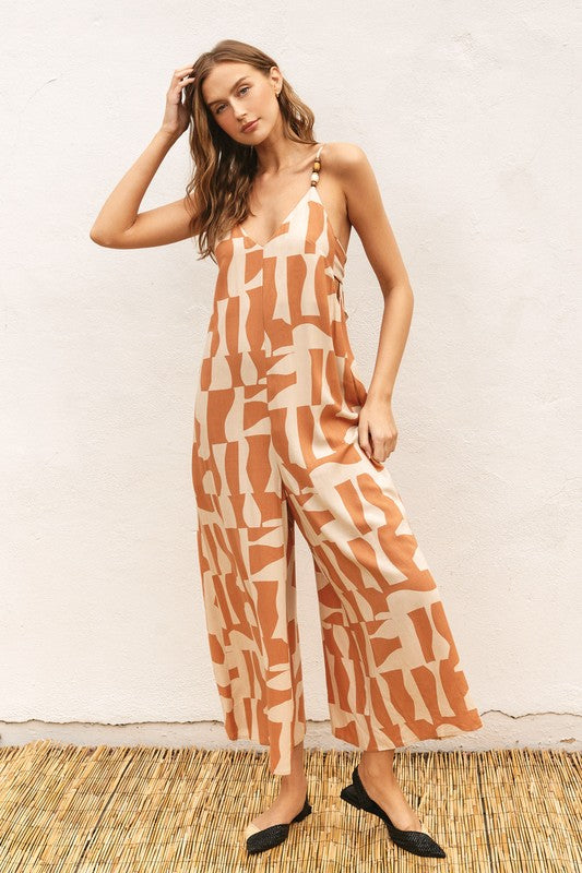 Mimi Geometric Print Tie Back Crop Jumpsuit - Natural/Camel