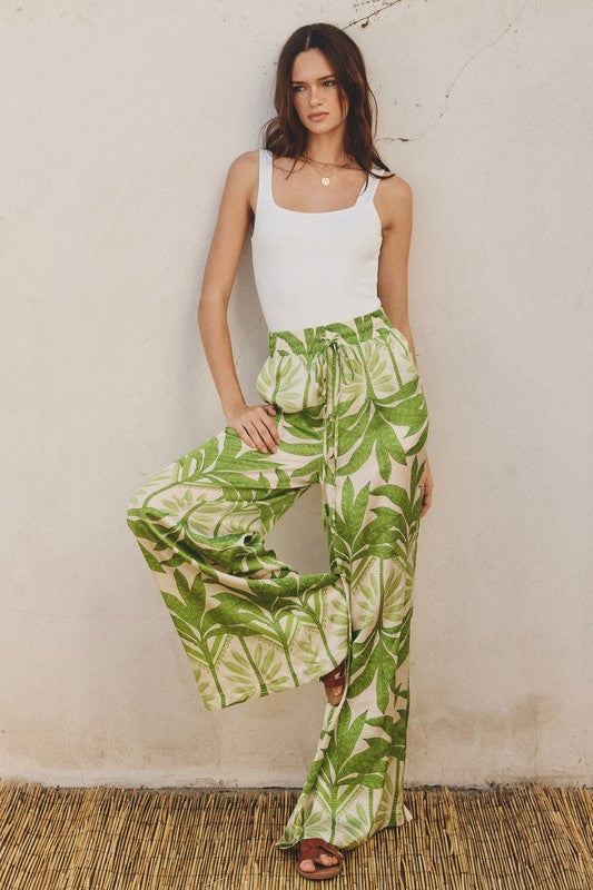Drusilla Leaf Print Kimono & Wide Leg Pants Set - Green
