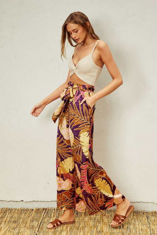 Palomina Satin Tropical Palm Print Belted Pants