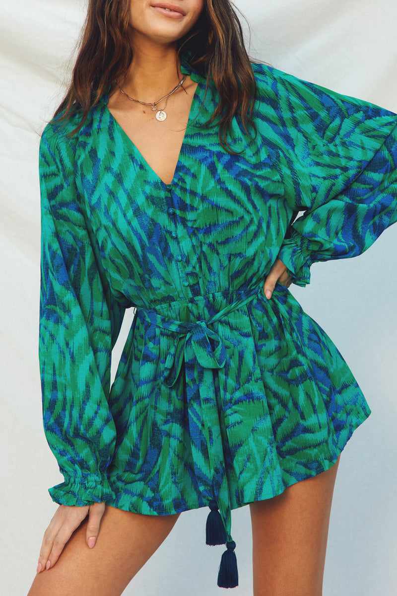 Raven Tropical Print Long Sleeve Romper